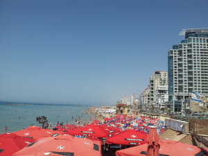 A packed beach in Tel Aviv